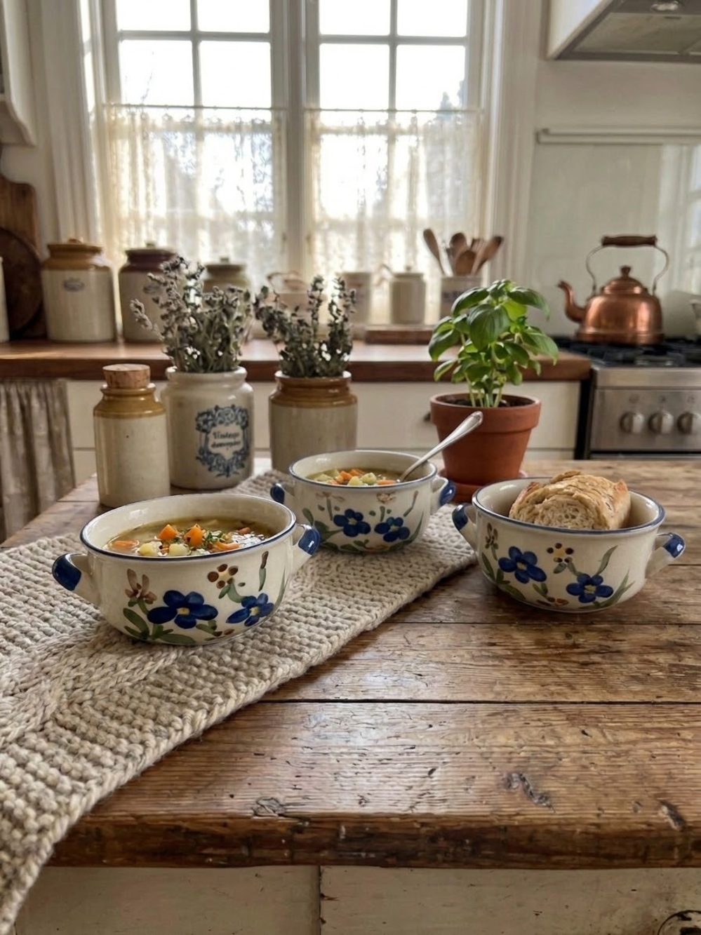 Cisco Torrance Cream Ceramic Soup Bowls with Blue Floral Motif - Set of 3